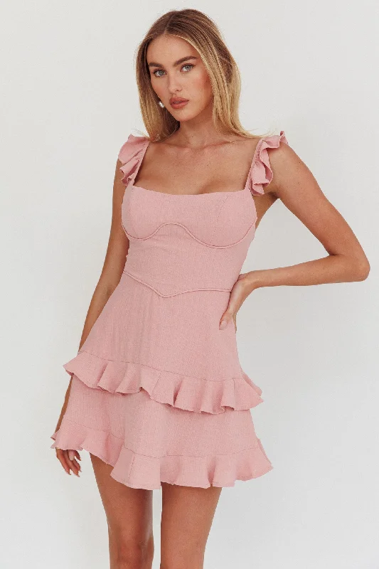 Moonlit Moment Ruffle Trim Piping Detail Lace-Up Back Dress Dusty Rose