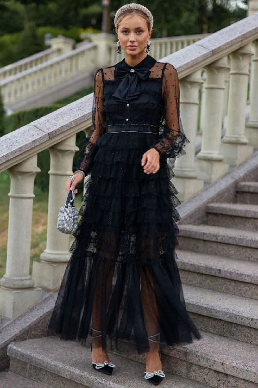 Elegant Bow Tie Collared Glitter Dotted Tulle Tiered Ruffle Gown Dress - Black