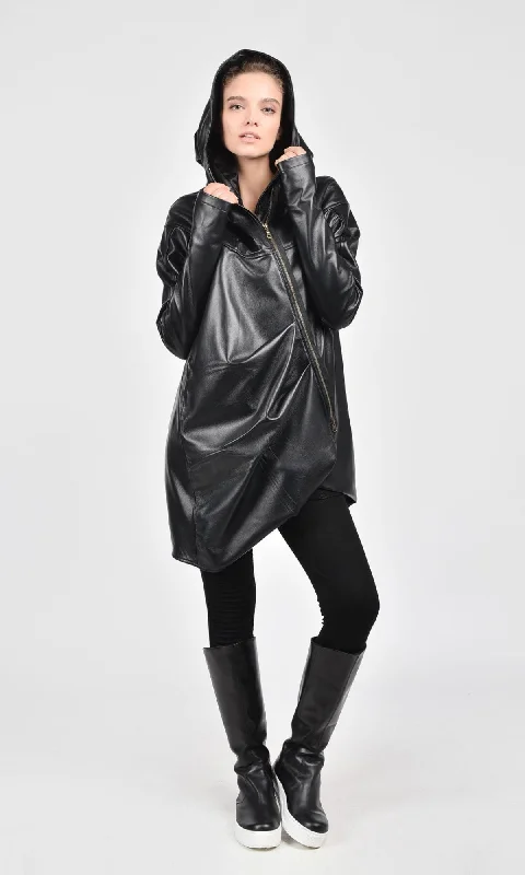 Asymmetric Genuine Leather Hooded Coat