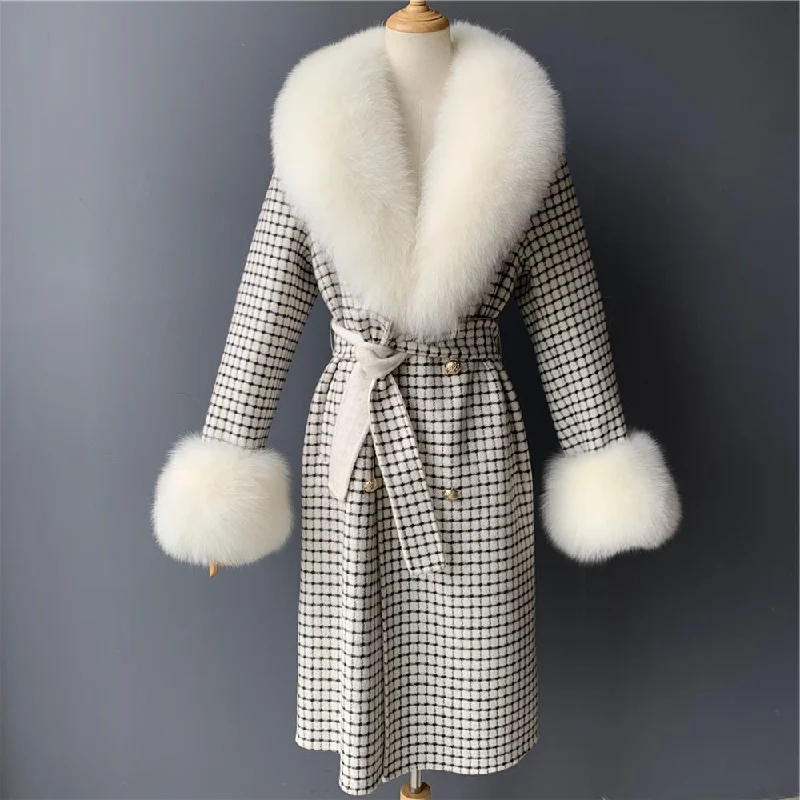 Women's White Checked Winter Cashmere Wool Natural Fur Collar Long Jacket