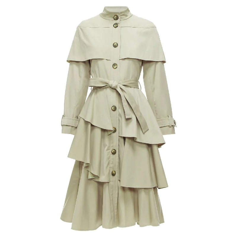 Osman London Cotton Tiered Ruffle Capelet Belted Long Trench Coat