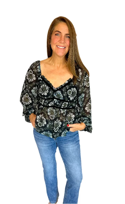 Floral V-Neck Sheer Gather-Bodice Blouse