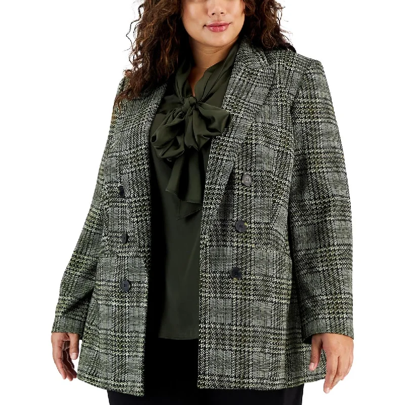 Bar III Womens Plus Plaid Double-Breasted Open-Front Blazer