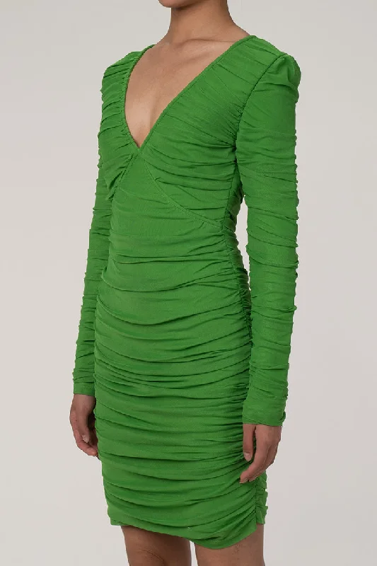 Long Sleeve Ruched Bodycon Mesh Mini Bandage Dress - Green