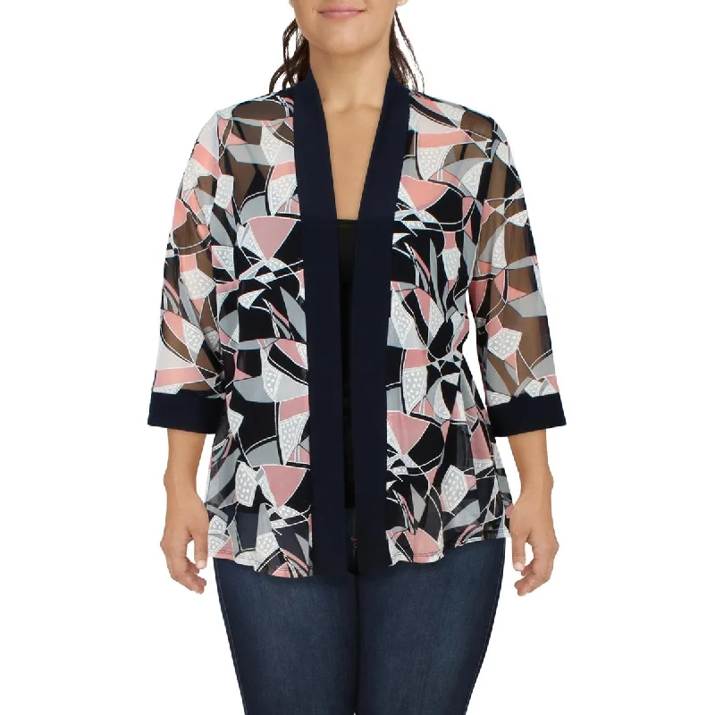 R&M Richards Womens Plus Abstract Open Front Collarless Blazer