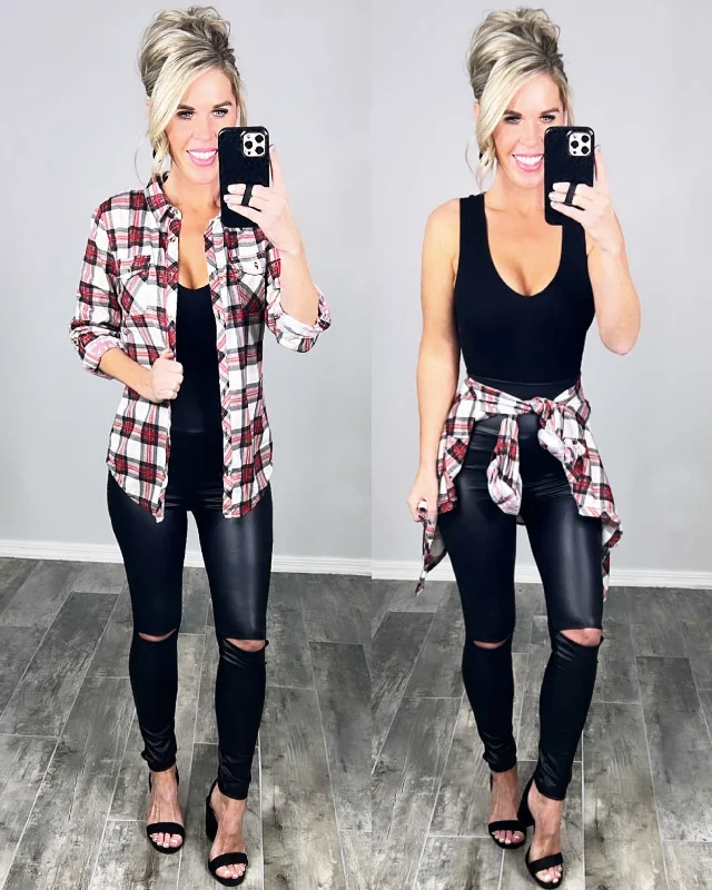 Penny Plaid Flannel Top - Ivory/Red