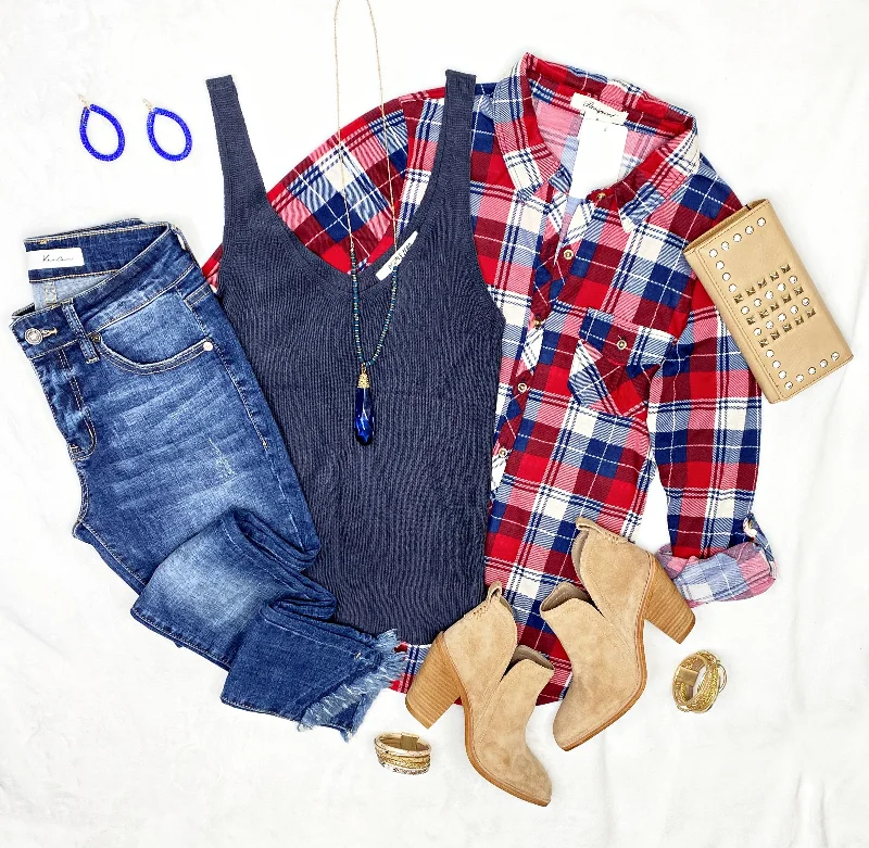 Penny Plaid Flannel Top - Navy/Red