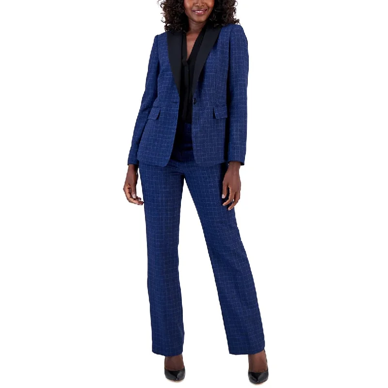 Le Suit Womens Petites Window Pane Contrast Trim One-Button Blazer