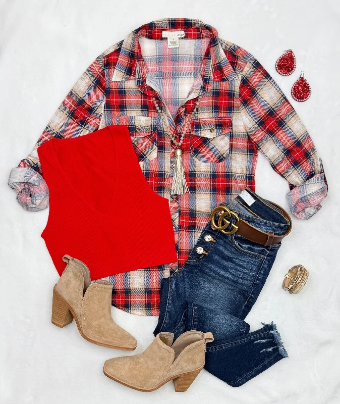 Penny Plaid Flannel Top - Red/Navy/Taupe