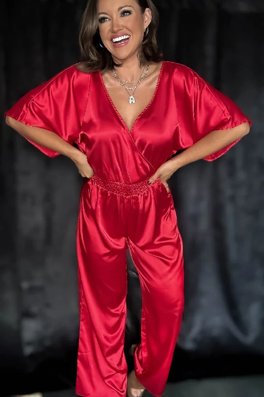 Red Holiday Satin Jumpsuit