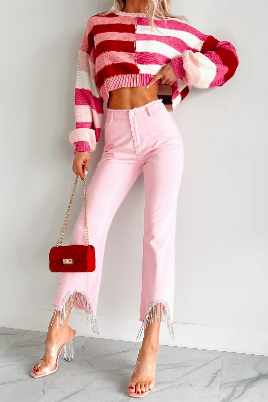 Made It Shine Rhinestone Fringe Jeans (Baby Pink)