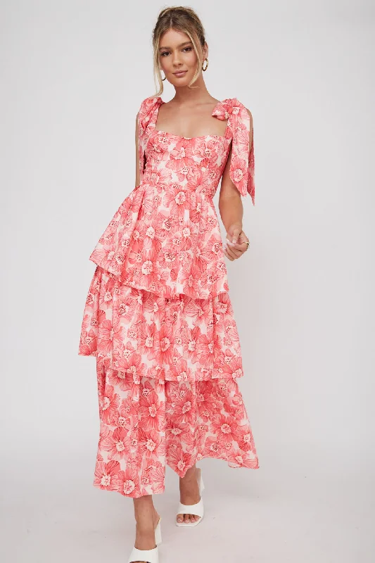 Arlowe Tied Shoulder Tiered Midi Dress Floral Pink