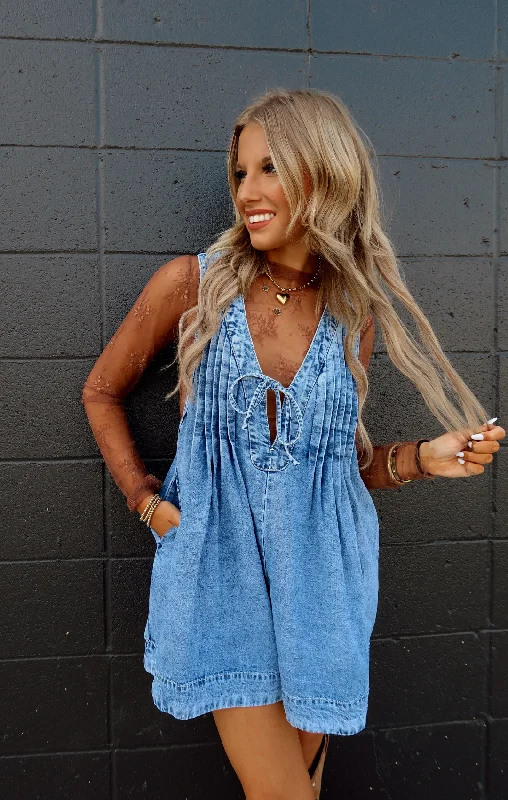 V-Neck Puff Sleeve Denim Short Romper