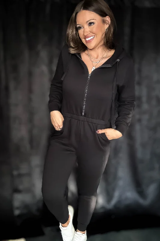 Black Fleece Zip Up Hoodie Jumpsuit