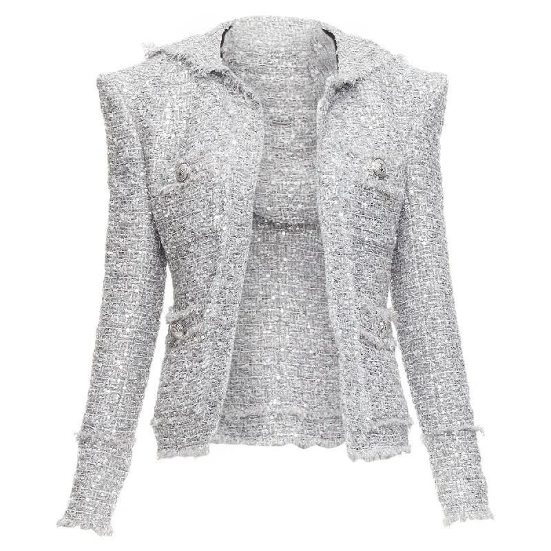 Balmain silver sequinned boucle tweed hooded power shoulder jacket