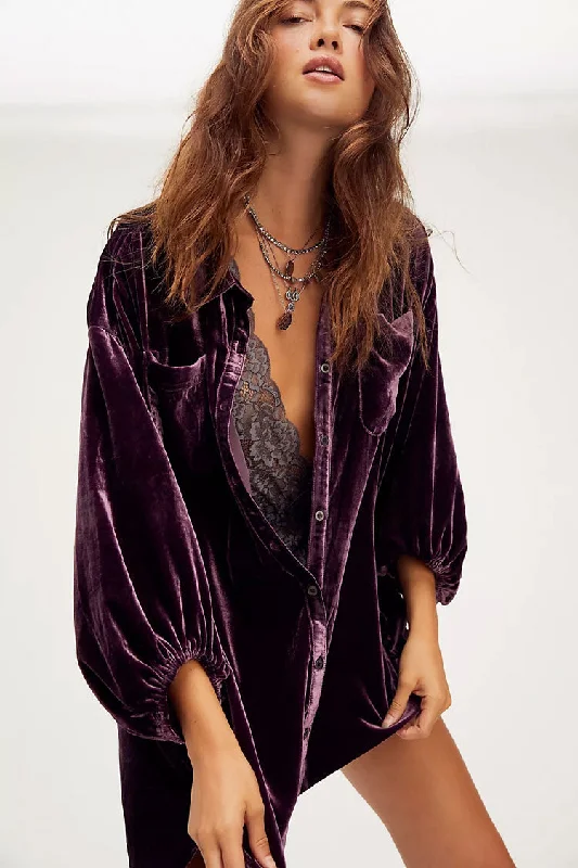 Vintage Bishop Sleeve Button Up Velvet High Low Shirt Dress - Purple