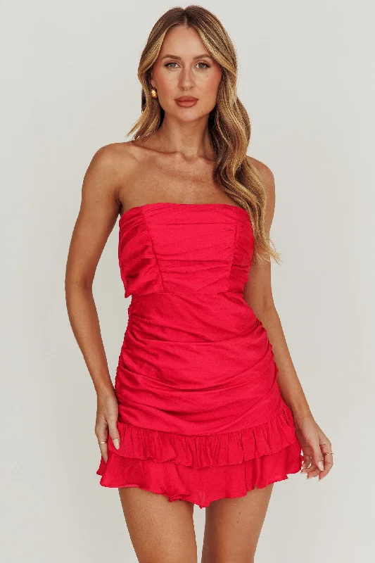 Annabella Strapless Tied Back Frill Hem Mini Dress Fuchsia