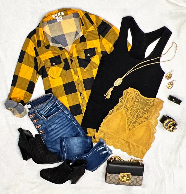 Penny Plaid Flannel Top - Buffalo Mustard